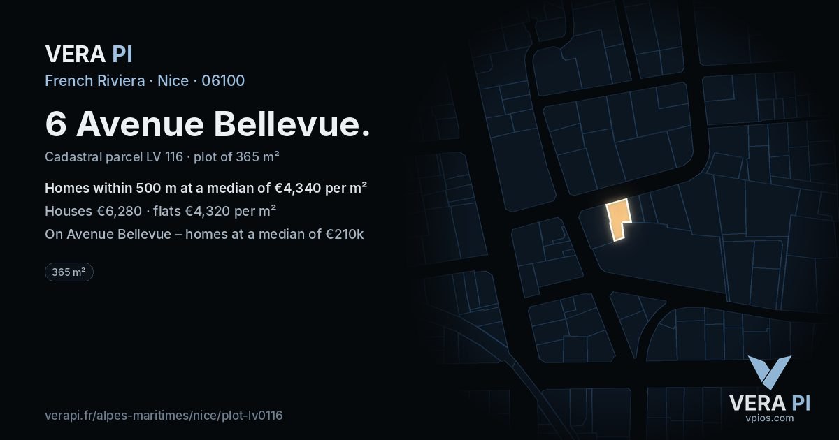 6 Avenue Bellevue, Nice at night – the plot lit, the parcels around coloured by the prices near them