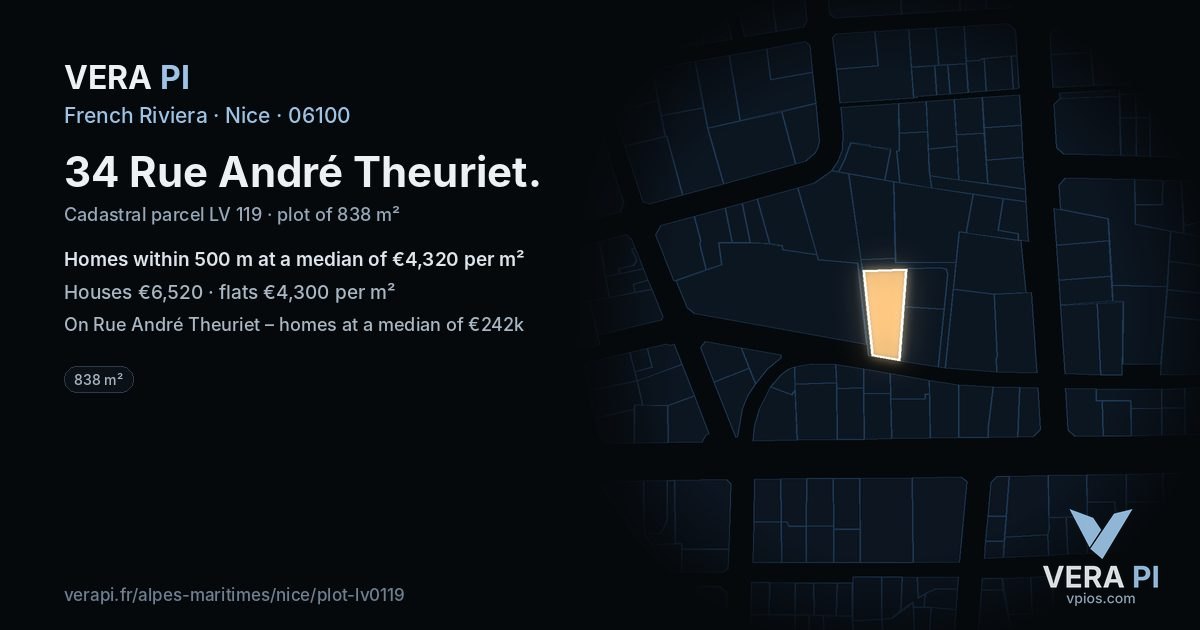34 Rue André Theuriet, Nice at night – the plot lit, the parcels around coloured by the prices near them