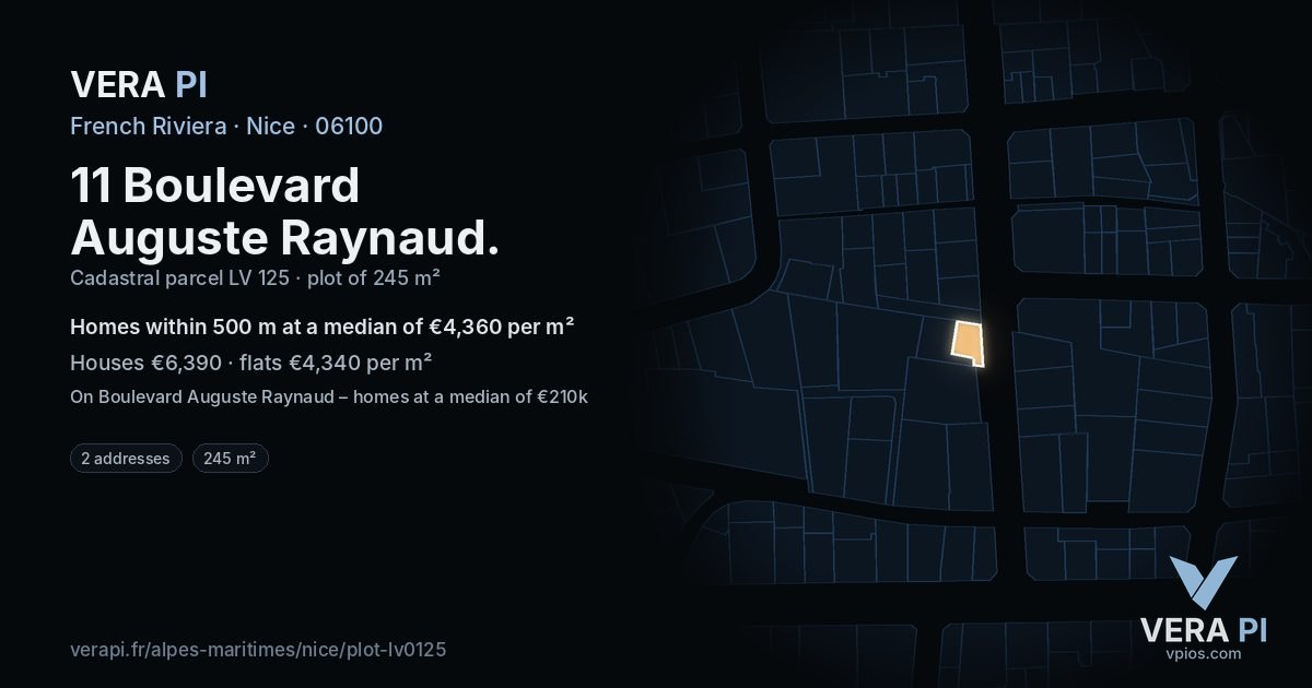 11 Boulevard Auguste Raynaud, Nice at night – the plot lit, the parcels around coloured by the prices near them