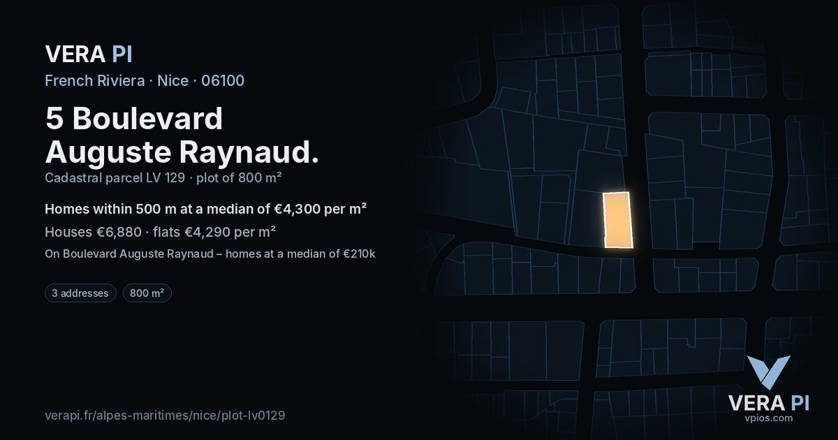 5 Boulevard Auguste Raynaud, Nice at night – the plot lit, the parcels around coloured by the prices near them