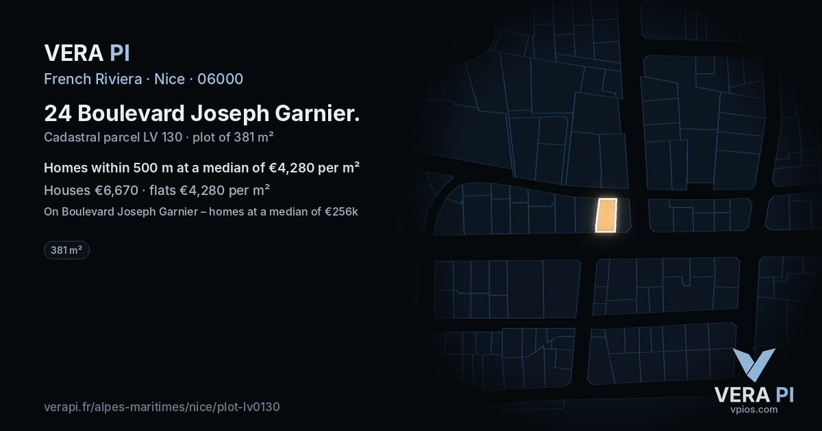24 Boulevard Joseph Garnier, Nice at night – the plot lit, the parcels around coloured by the prices near them