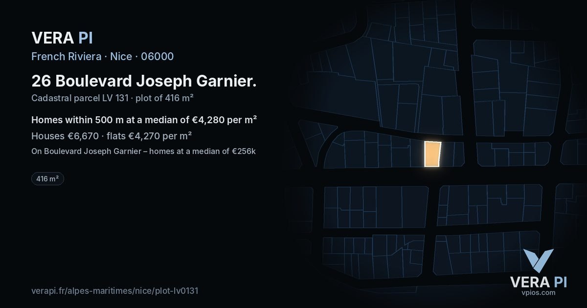 26 Boulevard Joseph Garnier, Nice at night – the plot lit, the parcels around coloured by the prices near them
