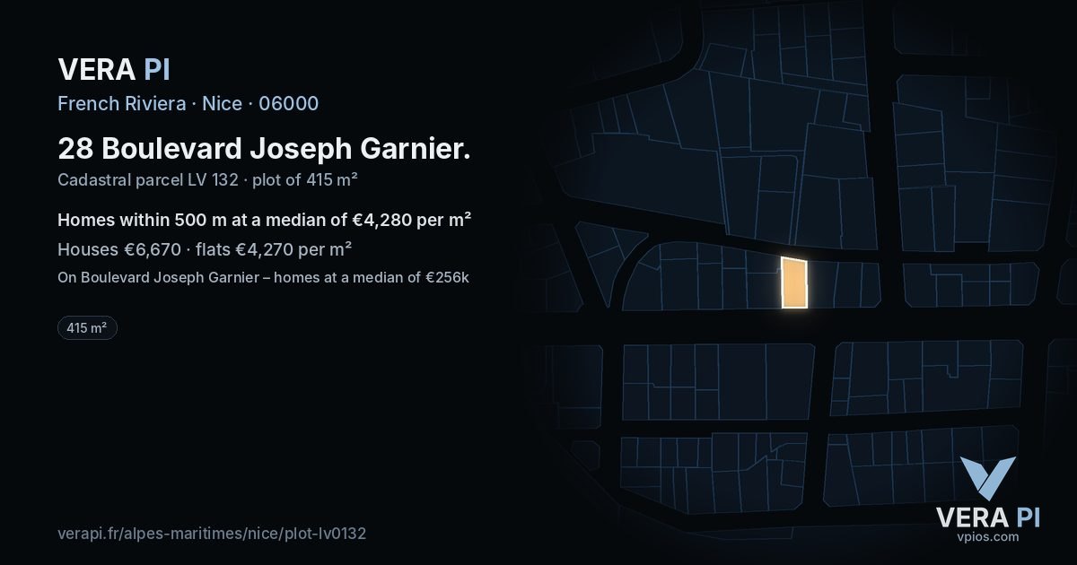 28 Boulevard Joseph Garnier, Nice at night – the plot lit, the parcels around coloured by the prices near them