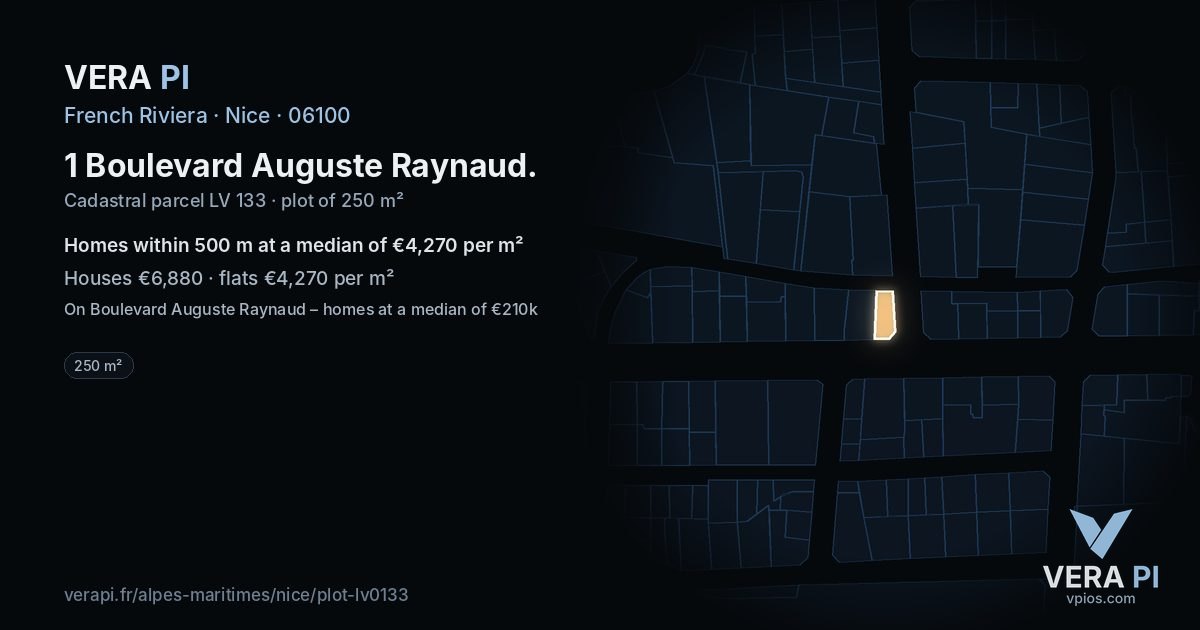 1 Boulevard Auguste Raynaud, Nice at night – the plot lit, the parcels around coloured by the prices near them