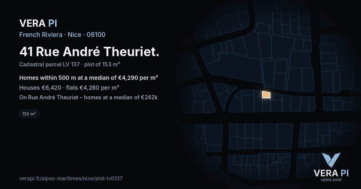 41 Rue André Theuriet, Nice at night – the plot lit, the parcels around coloured by the prices near them