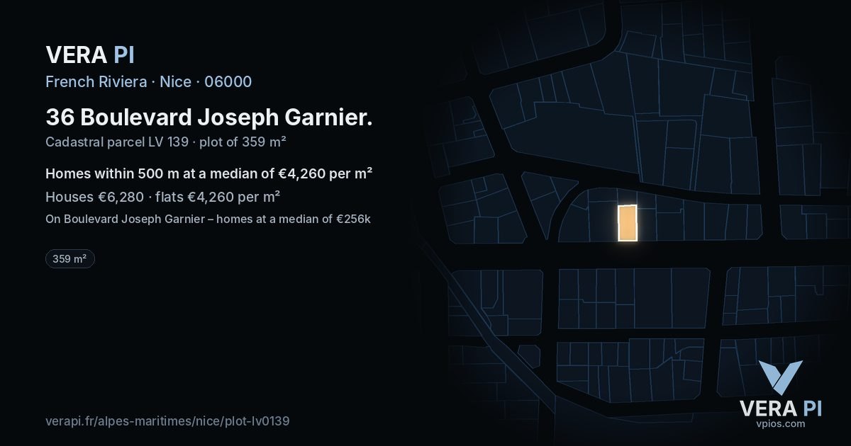 36 Boulevard Joseph Garnier, Nice at night – the plot lit, the parcels around coloured by the prices near them