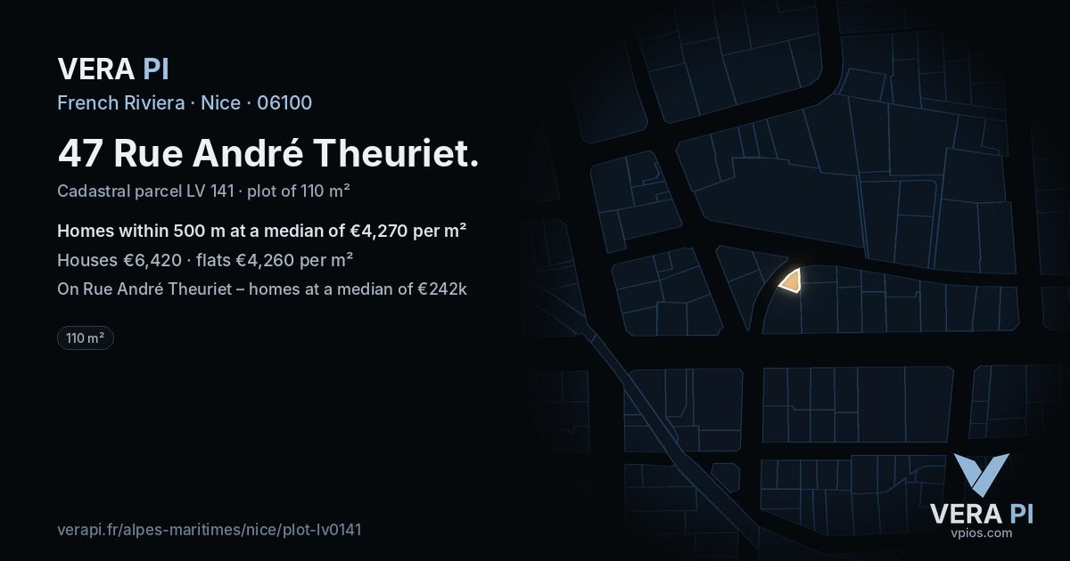 47 Rue André Theuriet, Nice at night – the plot lit, the parcels around coloured by the prices near them