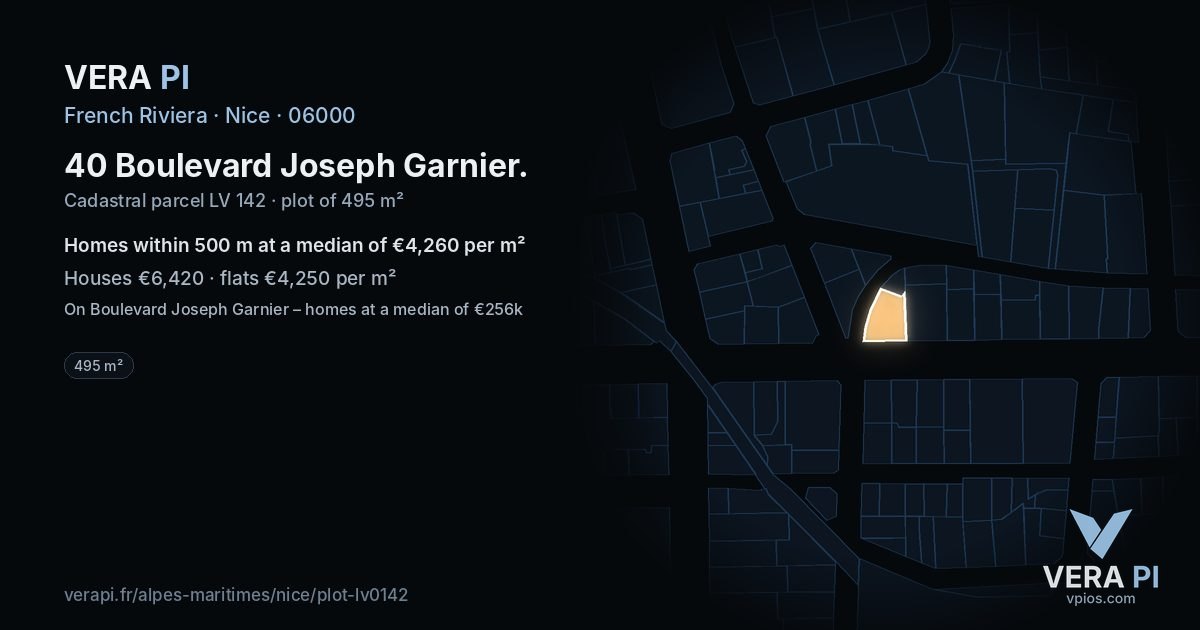 40 Boulevard Joseph Garnier, Nice at night – the plot lit, the parcels around coloured by the prices near them