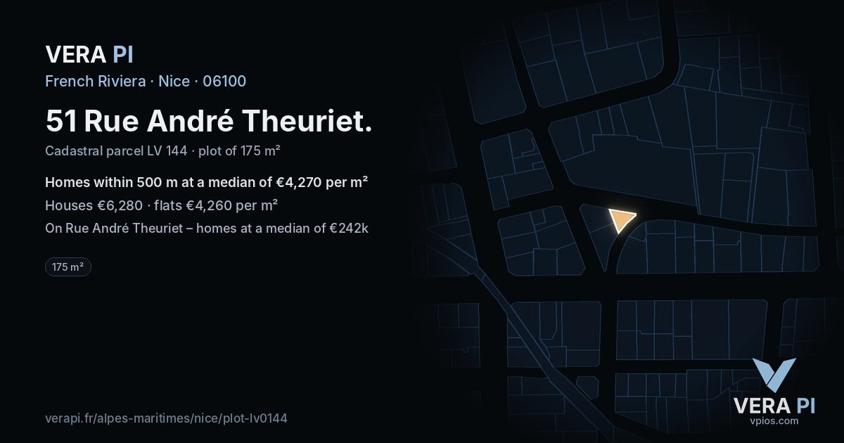 51 Rue André Theuriet, Nice at night – the plot lit, the parcels around coloured by the prices near them
