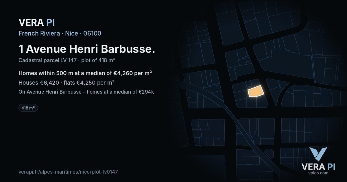 1 Avenue Henri Barbusse, Nice at night – the plot lit, the parcels around coloured by the prices near them