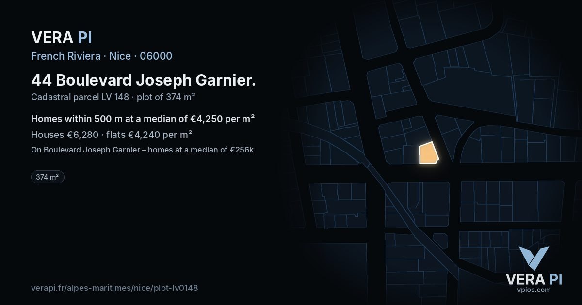 44 Boulevard Joseph Garnier, Nice at night – the plot lit, the parcels around coloured by the prices near them