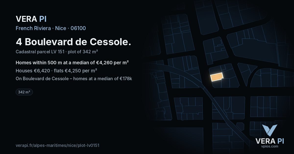 4 Boulevard de Cessole, Nice at night – the plot lit, the parcels around coloured by the prices near them