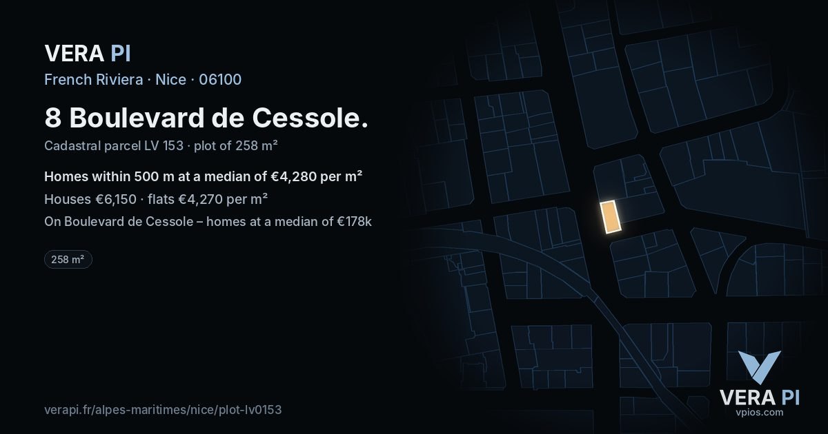 8 Boulevard de Cessole, Nice at night – the plot lit, the parcels around coloured by the prices near them