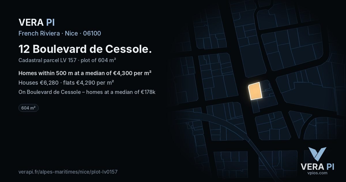 12 Boulevard de Cessole, Nice at night – the plot lit, the parcels around coloured by the prices near them
