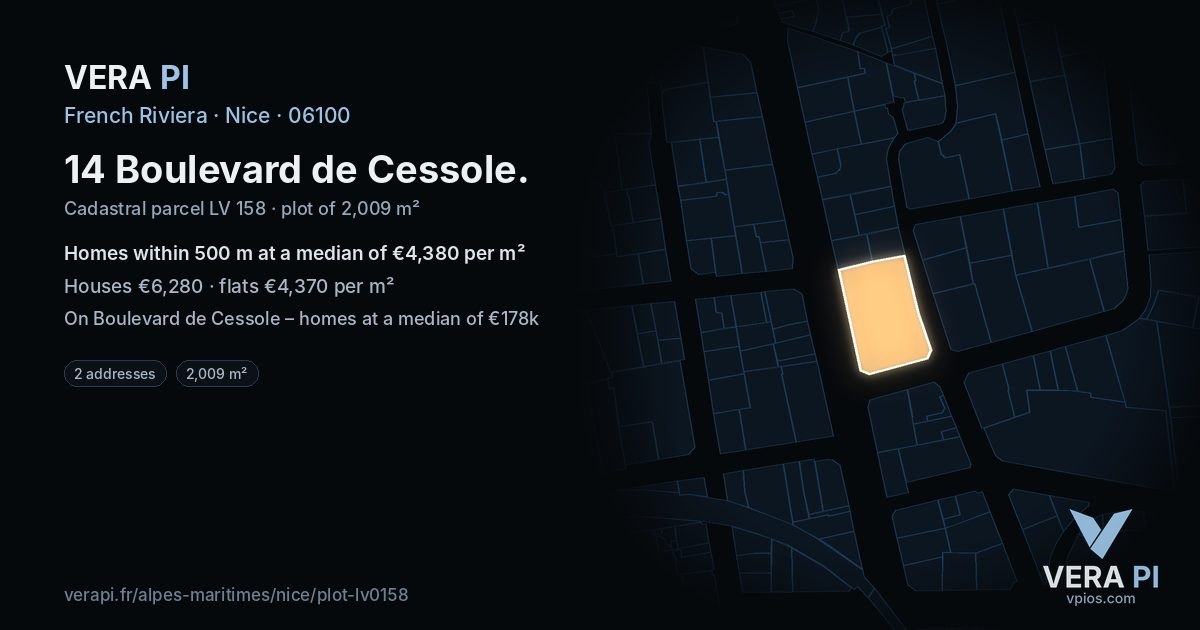 14 Boulevard de Cessole, Nice at night – the plot lit, the parcels around coloured by the prices near them