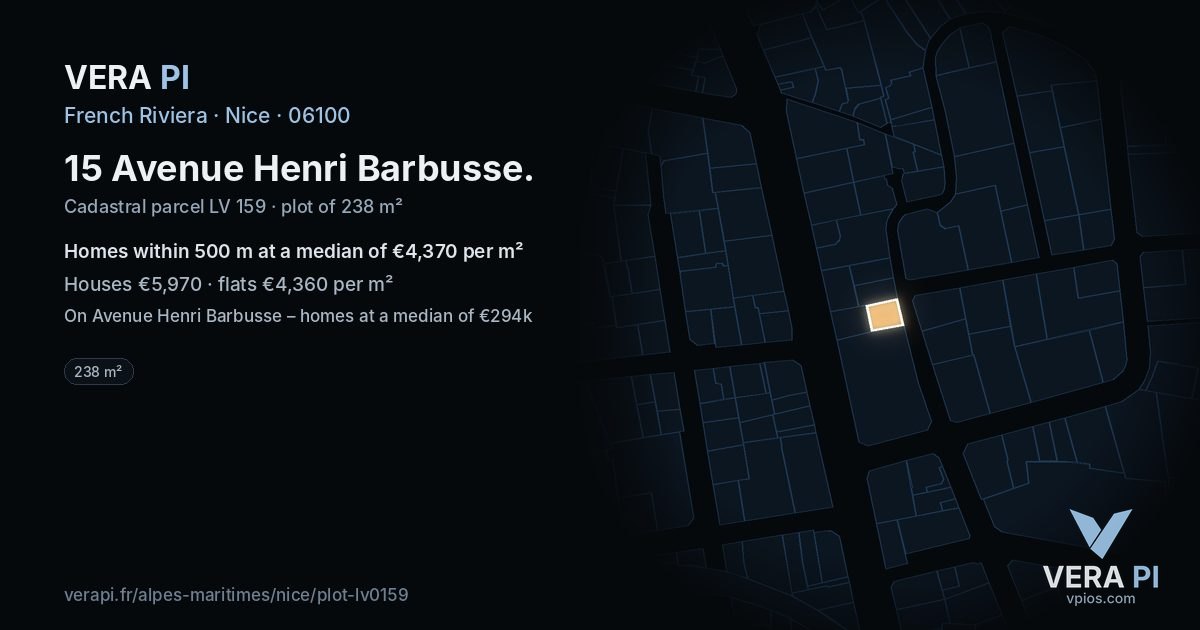 15 Avenue Henri Barbusse, Nice at night – the plot lit, the parcels around coloured by the prices near them