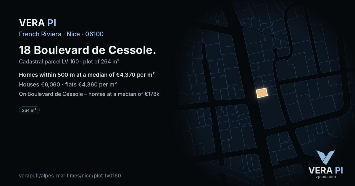 18 Boulevard de Cessole, Nice at night – the plot lit, the parcels around coloured by the prices near them