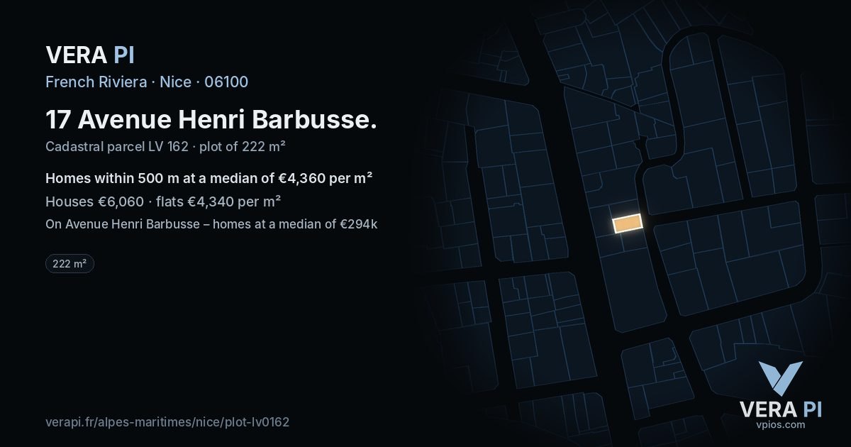 17 Avenue Henri Barbusse, Nice at night – the plot lit, the parcels around coloured by the prices near them