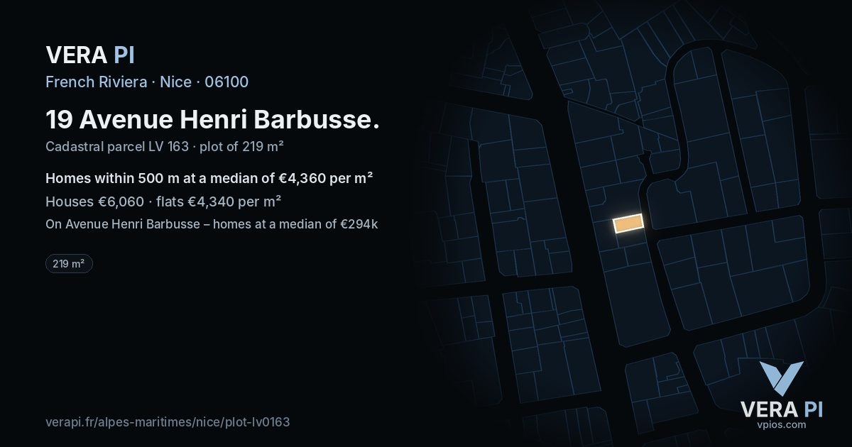 19 Avenue Henri Barbusse, Nice at night – the plot lit, the parcels around coloured by the prices near them