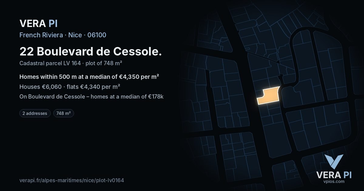 22 Boulevard de Cessole, Nice at night – the plot lit, the parcels around coloured by the prices near them