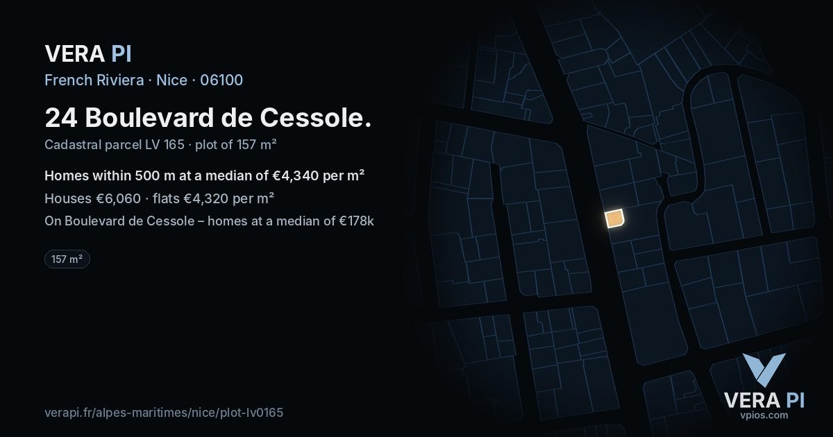 24 Boulevard de Cessole, Nice at night – the plot lit, the parcels around coloured by the prices near them