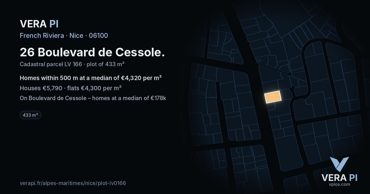 26 Boulevard de Cessole, Nice at night – the plot lit, the parcels around coloured by the prices near them