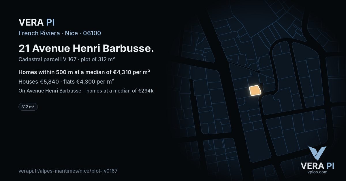 21 Avenue Henri Barbusse, Nice at night – the plot lit, the parcels around coloured by the prices near them
