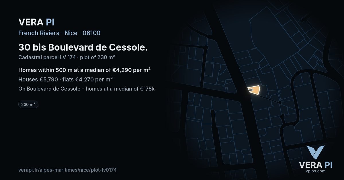 30 bis Boulevard de Cessole, Nice at night – the plot lit, the parcels around coloured by the prices near them