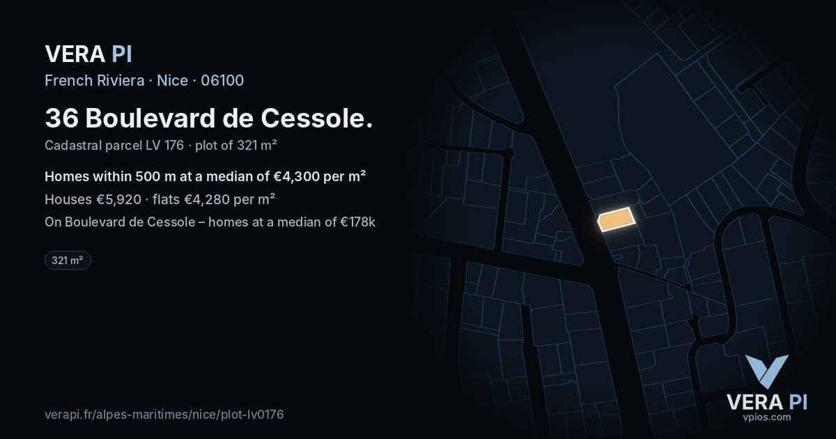 36 Boulevard de Cessole, Nice at night – the plot lit, the parcels around coloured by the prices near them