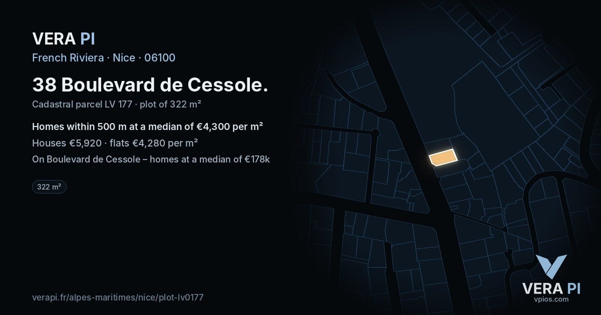 38 Boulevard de Cessole, Nice at night – the plot lit, the parcels around coloured by the prices near them