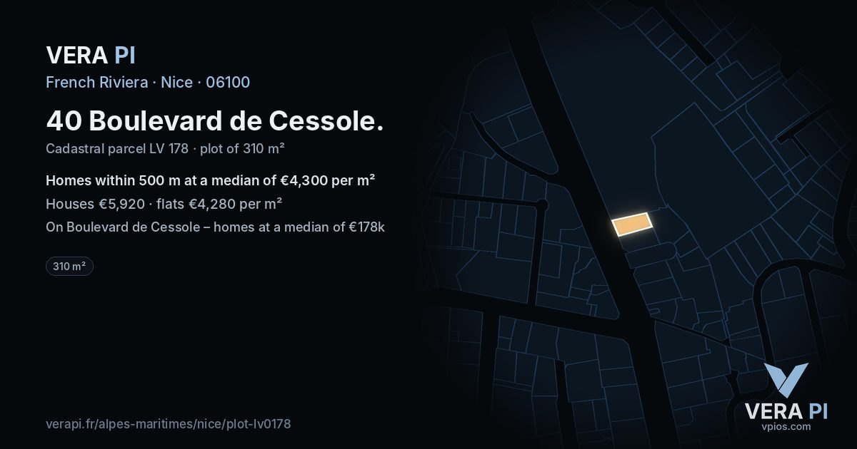 40 Boulevard de Cessole, Nice at night – the plot lit, the parcels around coloured by the prices near them
