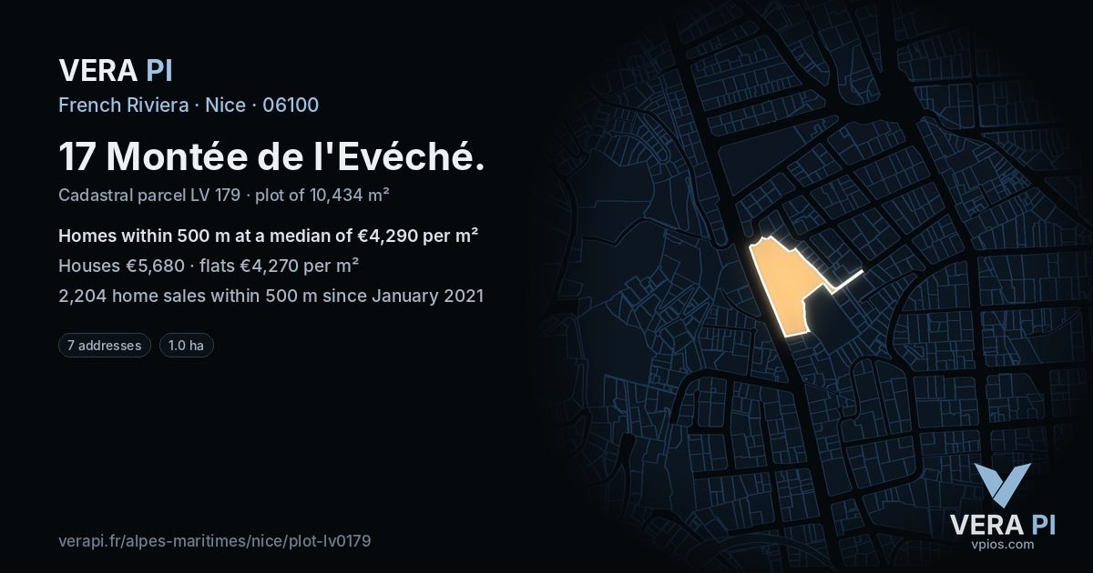 17 Montée de l'Evéché, Nice at night – the plot lit, the parcels around coloured by the prices near them