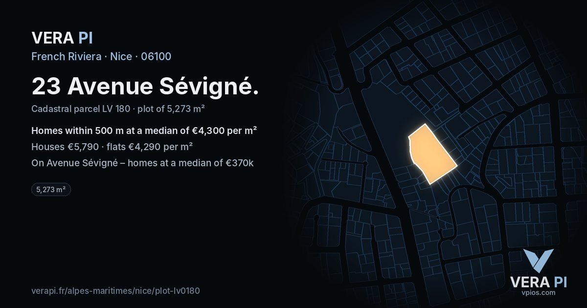23 Avenue Sévigné, Nice at night – the plot lit, the parcels around coloured by the prices near them