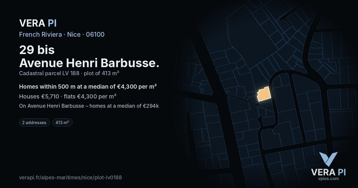 29 bis Avenue Henri Barbusse, Nice at night – the plot lit, the parcels around coloured by the prices near them