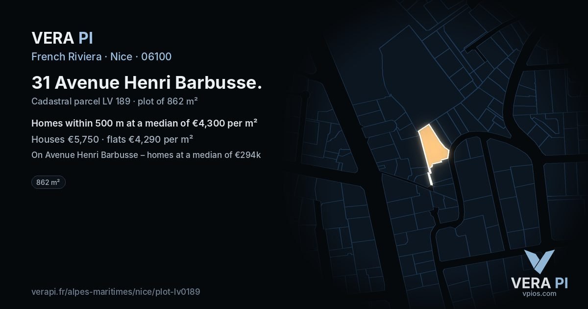 31 Avenue Henri Barbusse, Nice at night – the plot lit, the parcels around coloured by the prices near them