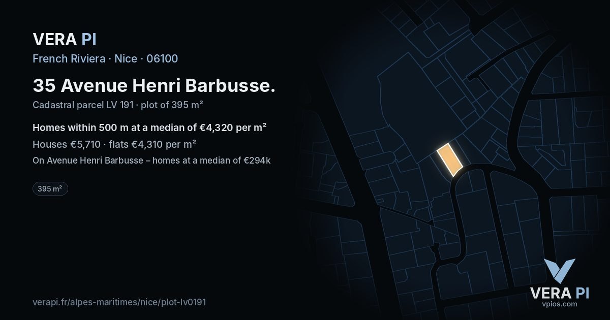35 Avenue Henri Barbusse, Nice at night – the plot lit, the parcels around coloured by the prices near them