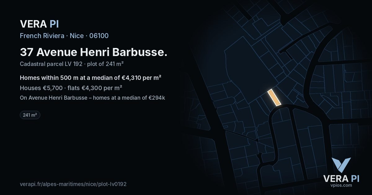 37 Avenue Henri Barbusse, Nice at night – the plot lit, the parcels around coloured by the prices near them