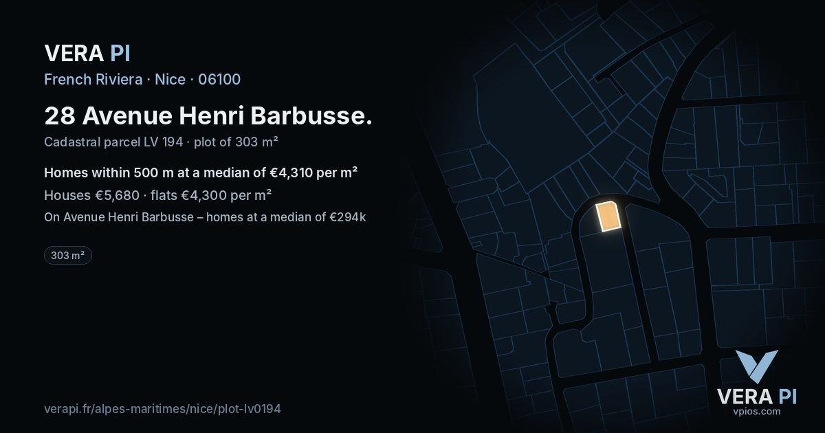 28 Avenue Henri Barbusse, Nice at night – the plot lit, the parcels around coloured by the prices near them