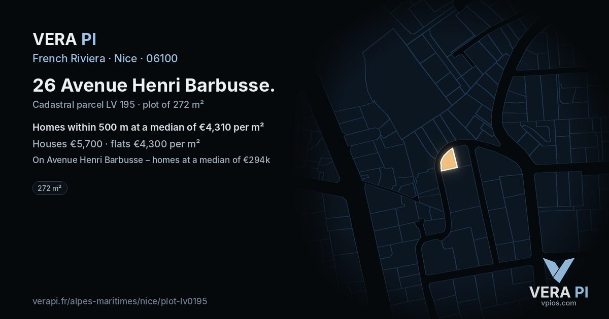 26 Avenue Henri Barbusse, Nice at night – the plot lit, the parcels around coloured by the prices near them
