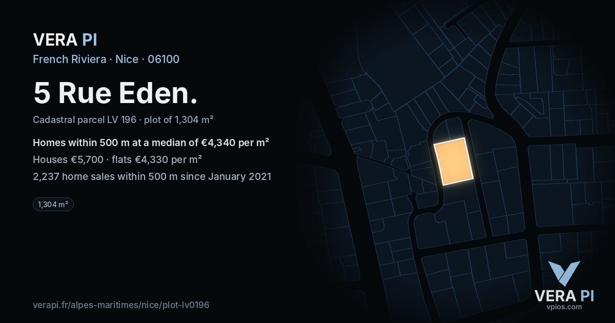 5 Rue Eden, Nice at night – the plot lit, the parcels around coloured by the prices near them