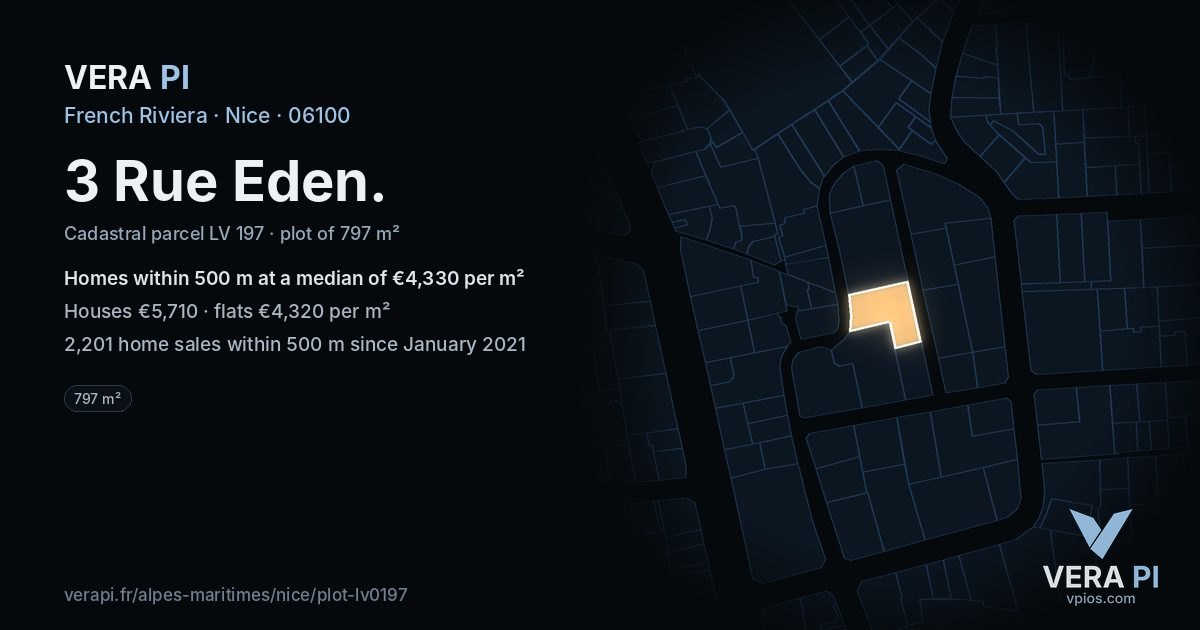 3 Rue Eden, Nice at night – the plot lit, the parcels around coloured by the prices near them
