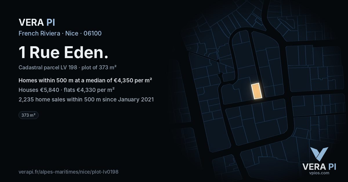1 Rue Eden, Nice at night – the plot lit, the parcels around coloured by the prices near them
