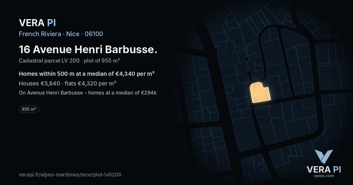 16 Avenue Henri Barbusse, Nice at night – the plot lit, the parcels around coloured by the prices near them