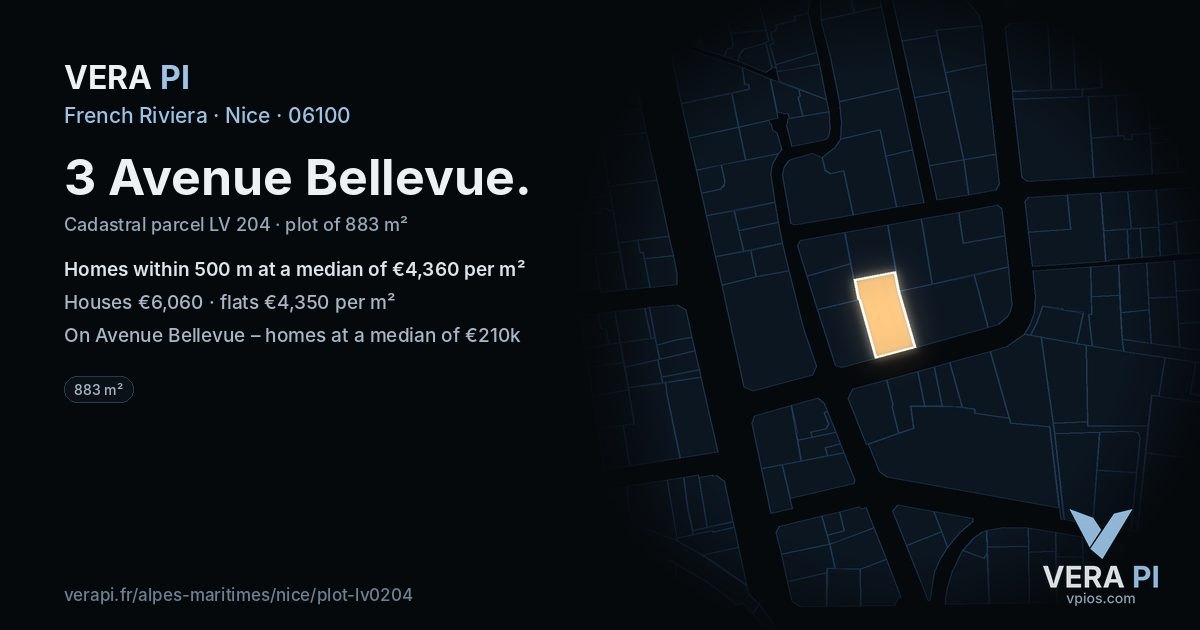 3 Avenue Bellevue, Nice at night – the plot lit, the parcels around coloured by the prices near them