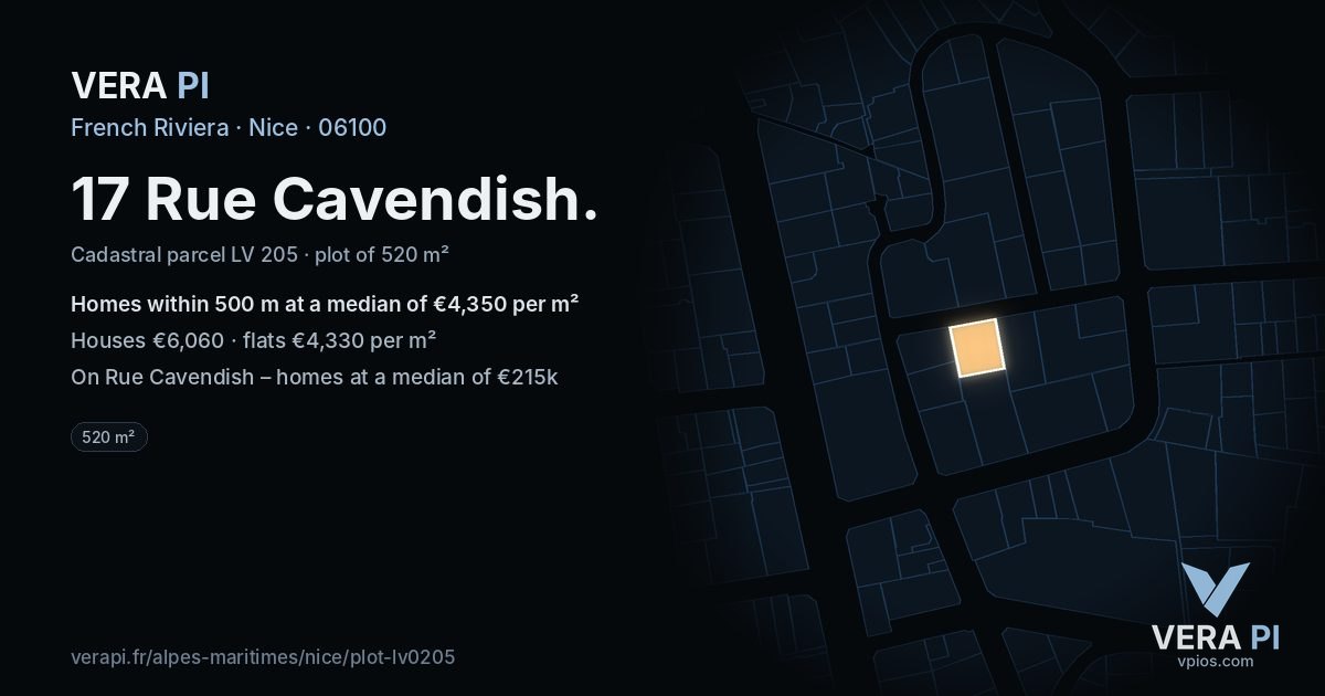 17 Rue Cavendish, Nice at night – the plot lit, the parcels around coloured by the prices near them
