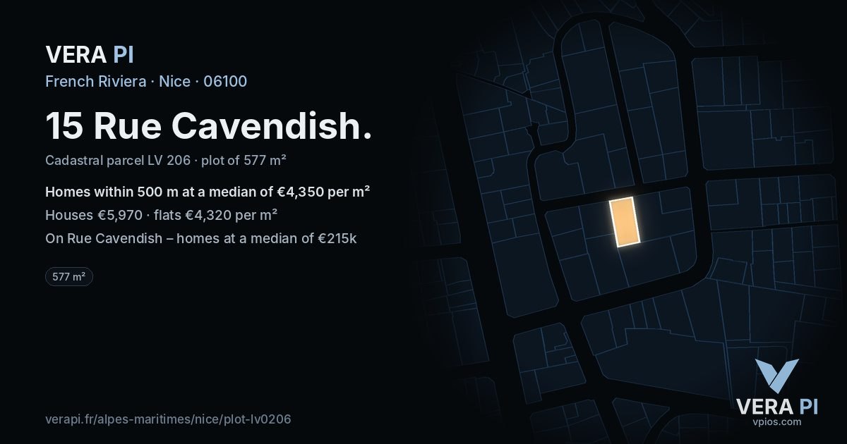 15 Rue Cavendish, Nice at night – the plot lit, the parcels around coloured by the prices near them