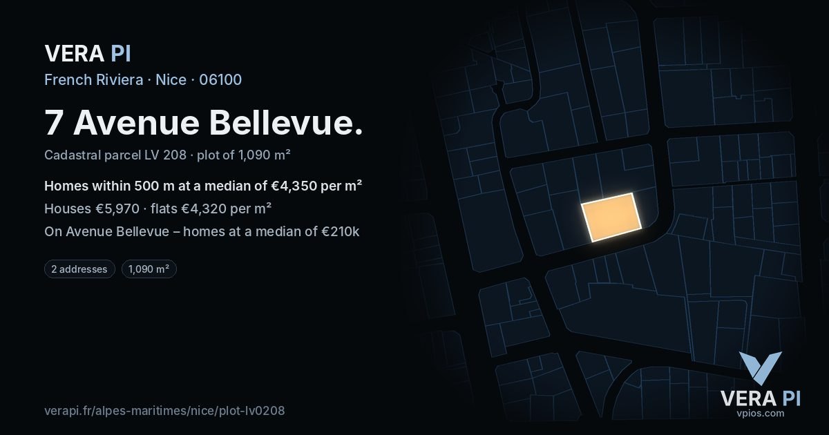 7 Avenue Bellevue, Nice at night – the plot lit, the parcels around coloured by the prices near them