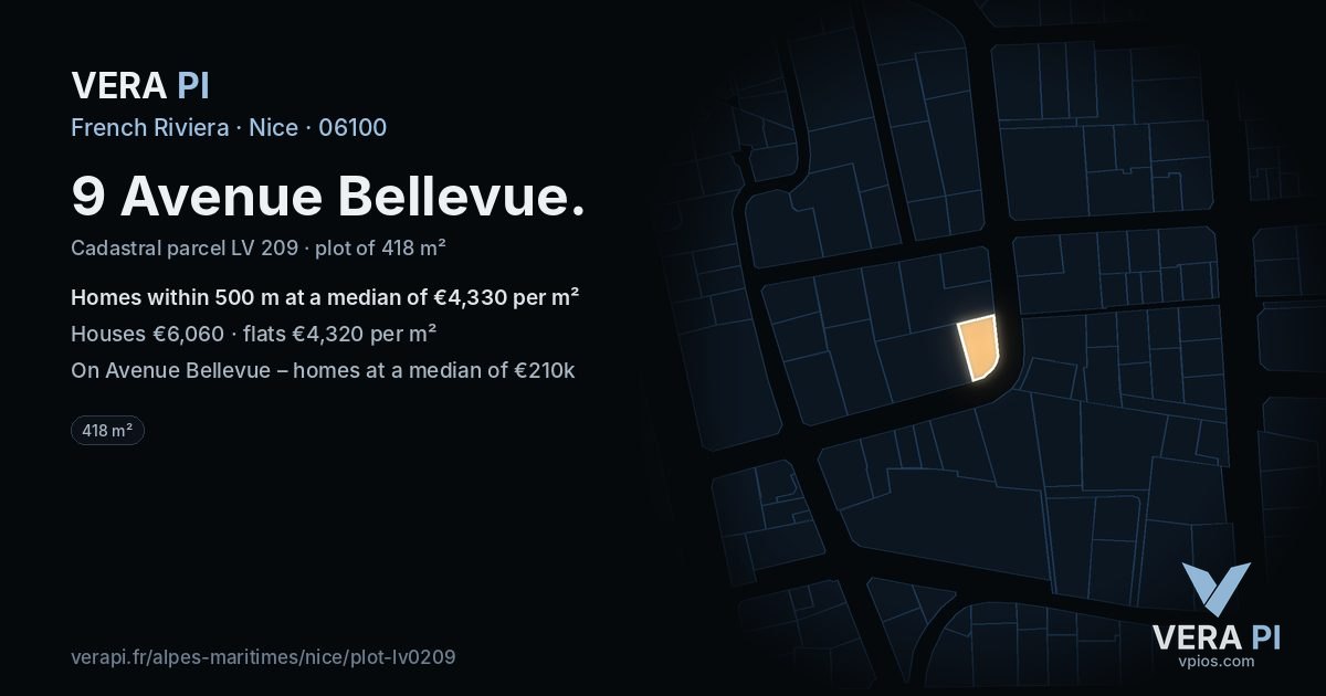 9 Avenue Bellevue, Nice at night – the plot lit, the parcels around coloured by the prices near them