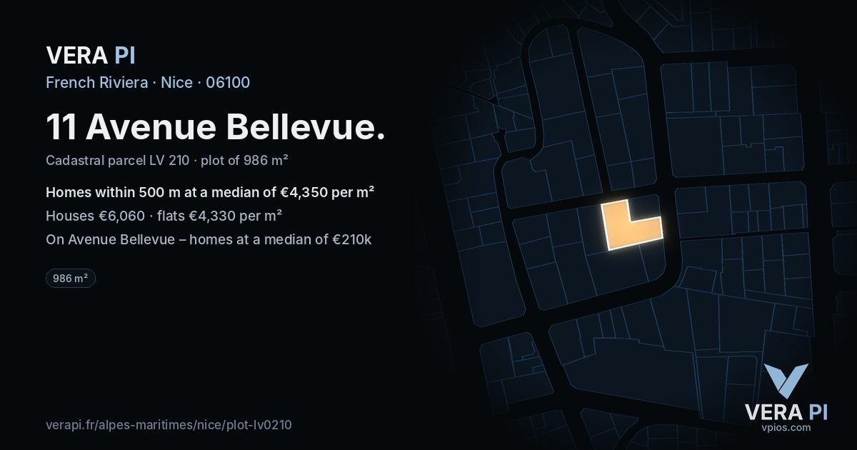 11 Avenue Bellevue, Nice at night – the plot lit, the parcels around coloured by the prices near them