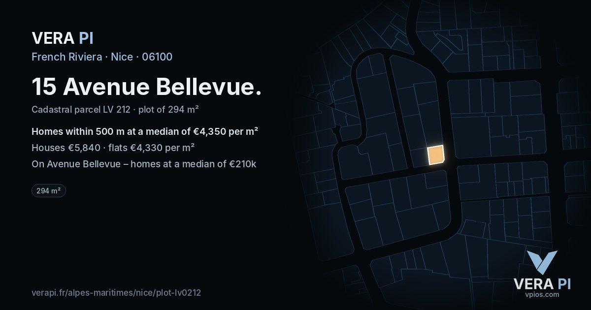 15 Avenue Bellevue, Nice at night – the plot lit, the parcels around coloured by the prices near them